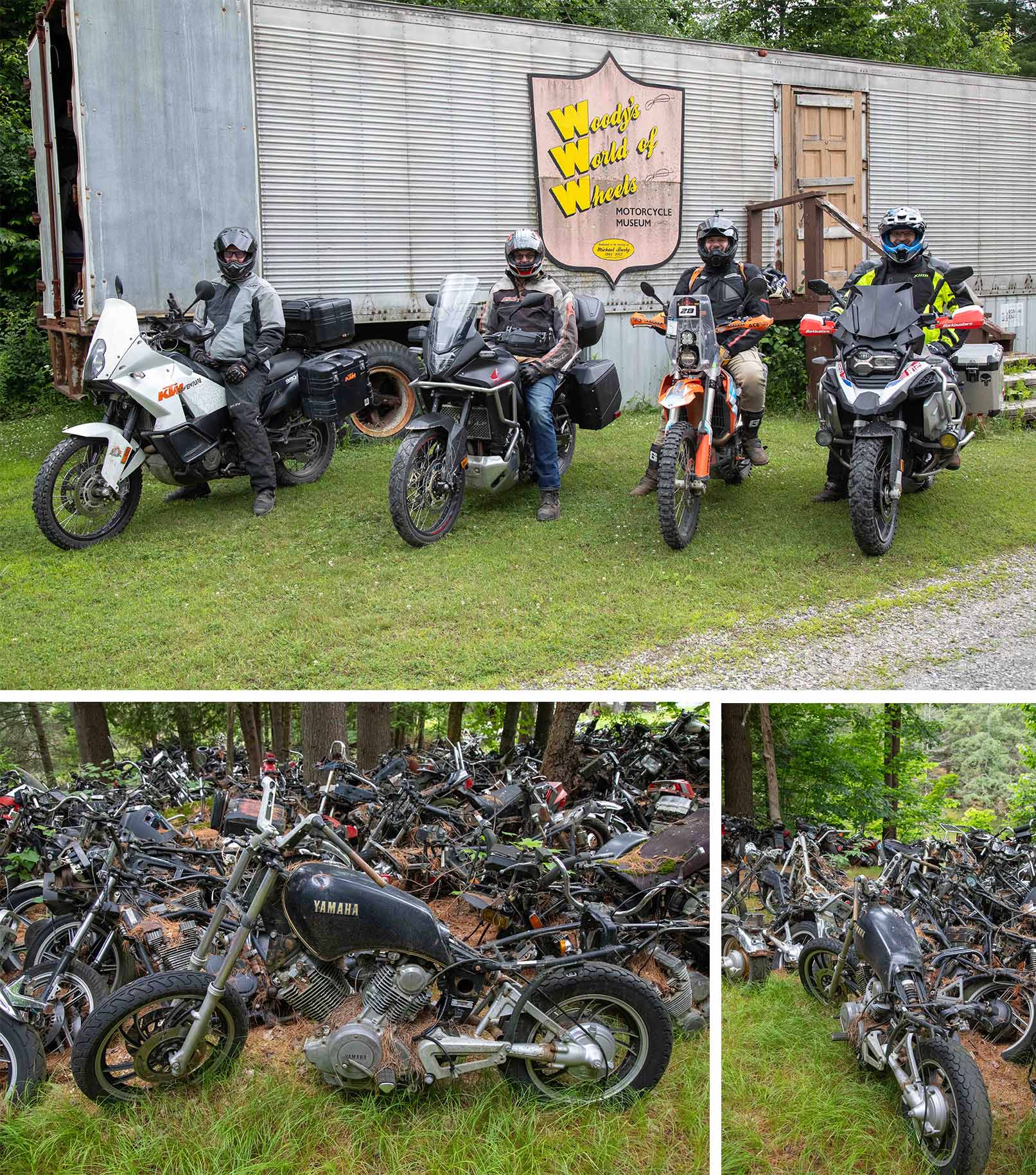 A collage of 4 motorcylists shopping an inventory of motorcycles parked in a packed dirt site completely surrounded by lush green forest. One picture shows a metal trailer with a large sign that reads "Woody's World of Wheels".