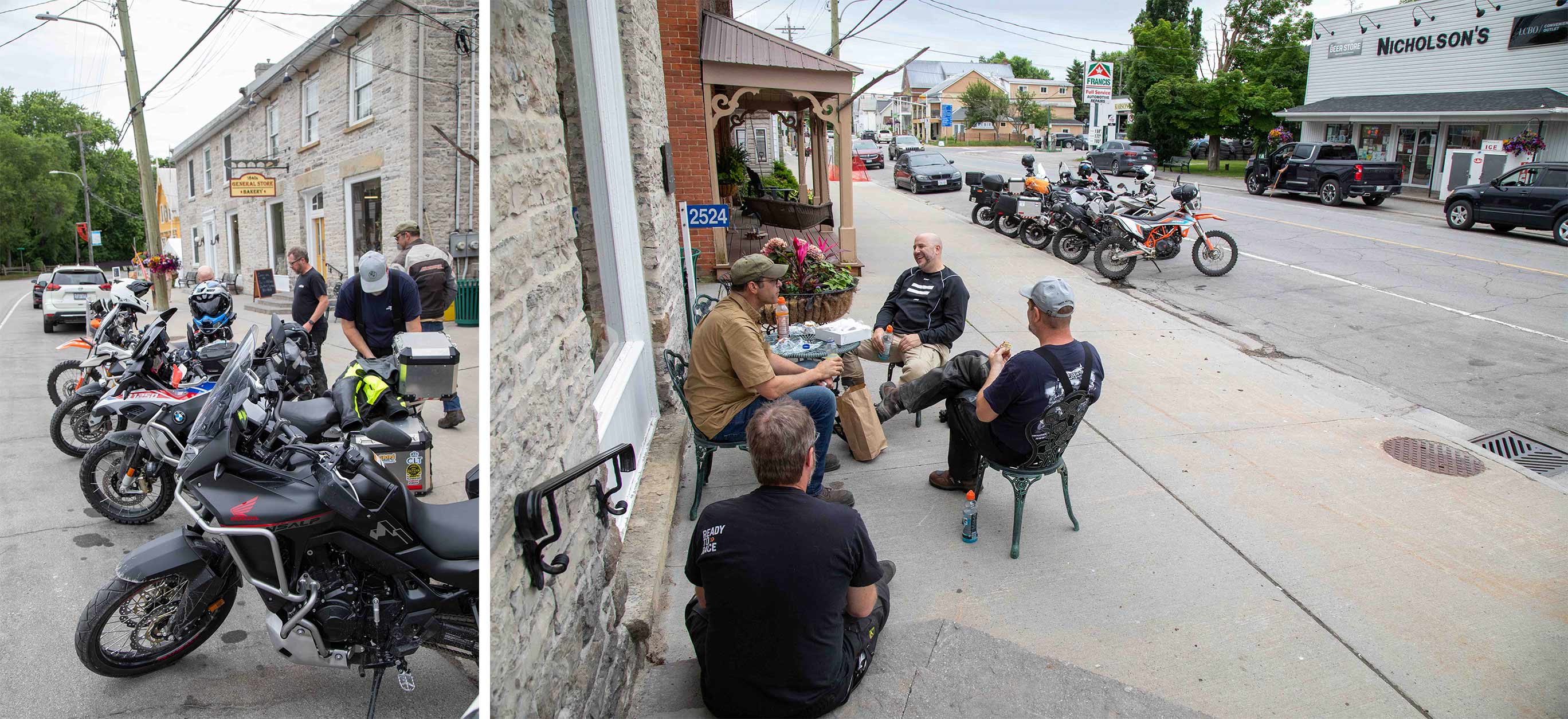 4 motorcyclists snacking and visiting as they sit outside next to their bikes by the 1840s General Store in Pakenham.