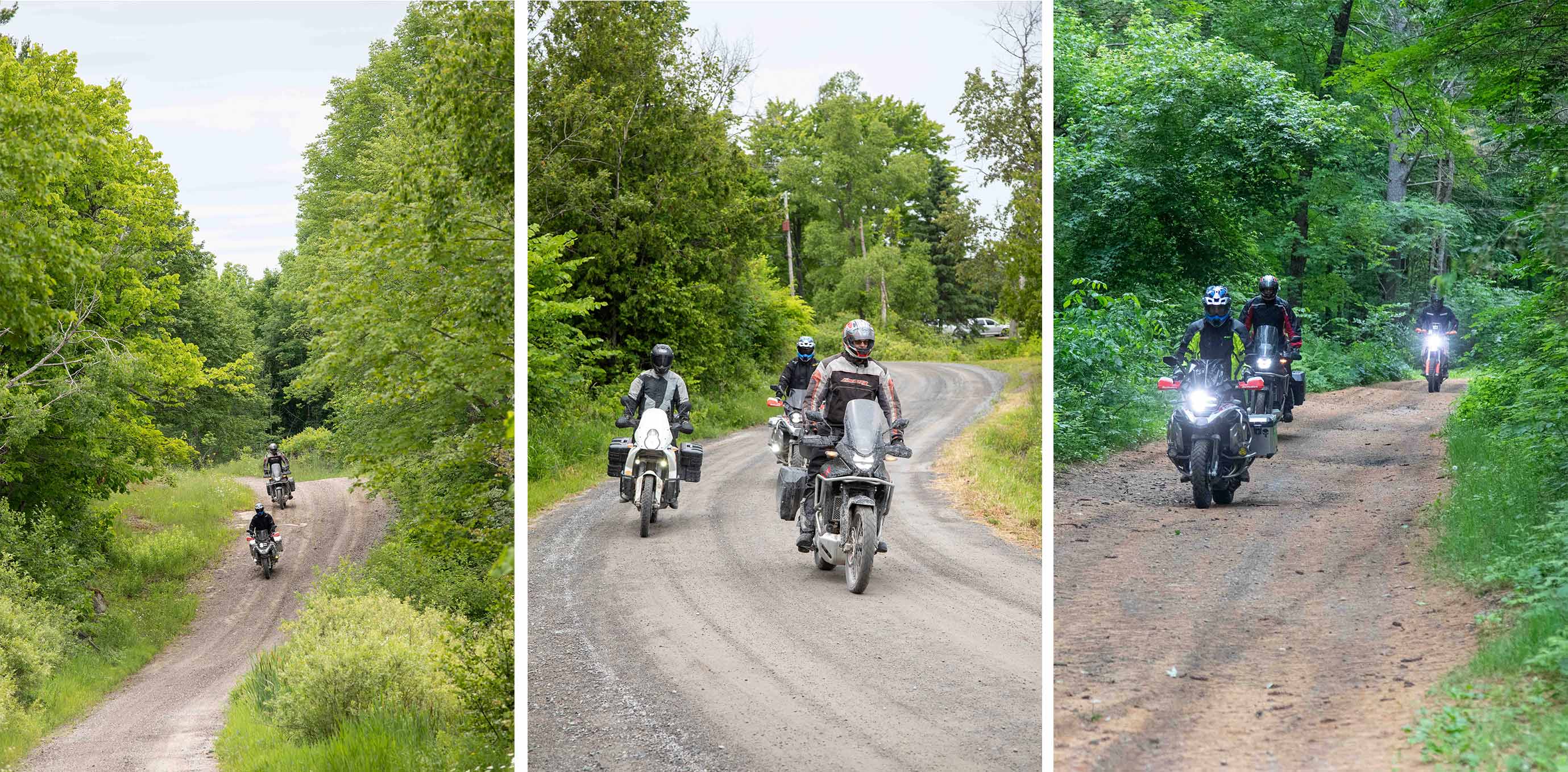 a collage of 3 motorcyclists riding down a narrow, winding gravel road through dense green forest.