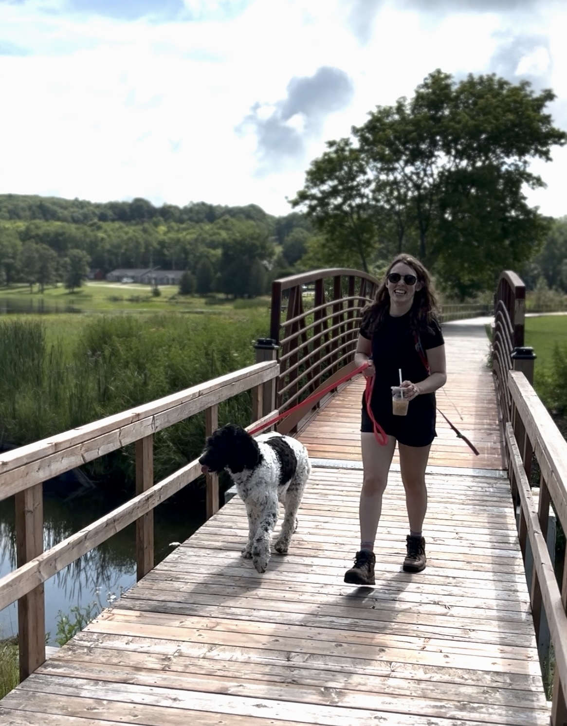 A smiling woman walking a dog on a wooden boardwalk bridge over a lush green marsh near Gore Bay.