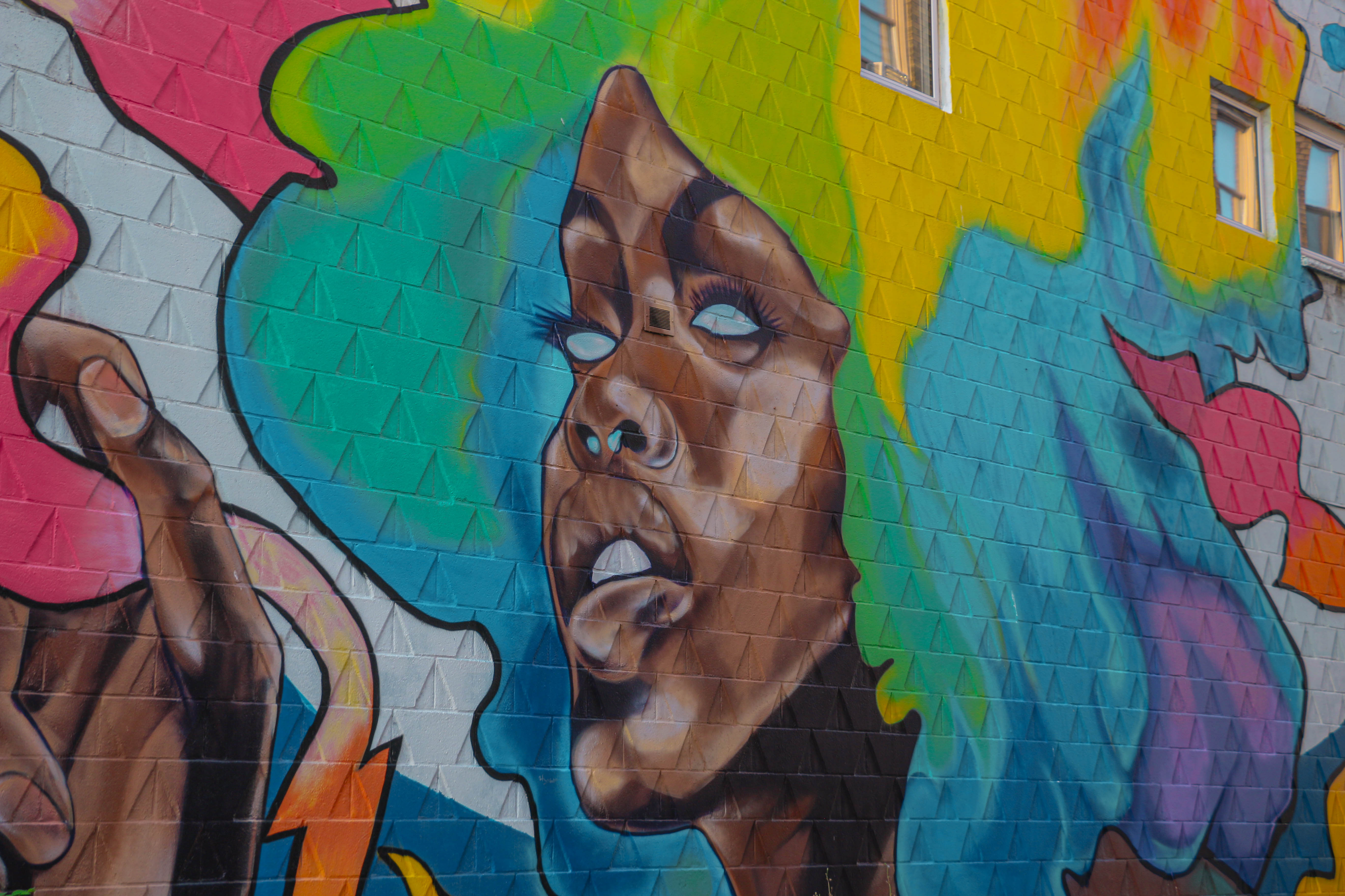 Mural of woman with colourful hair