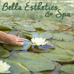 An image of a toe peeking out from the left-hand side that seems to be stepping on a lily pad. The image is of lilypads and there is a lily flower in the center and on the bottom left. The words Bella Esthetics & Spa are written at the top