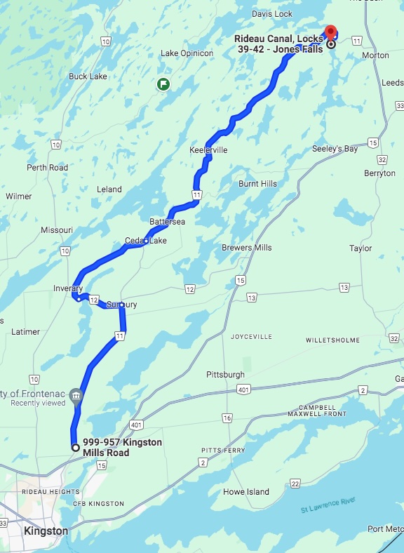 a map of the Highway 11 motorcycle route, from Rideau Canal to Kingston Mills Road.