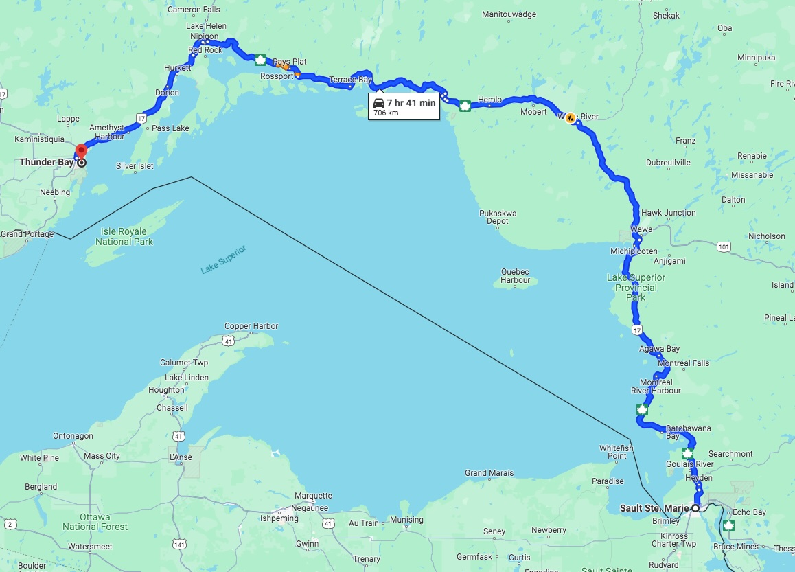 a map of the Highway 17 motorcycle route from Sault Ste. Marie to Thunder Bay.