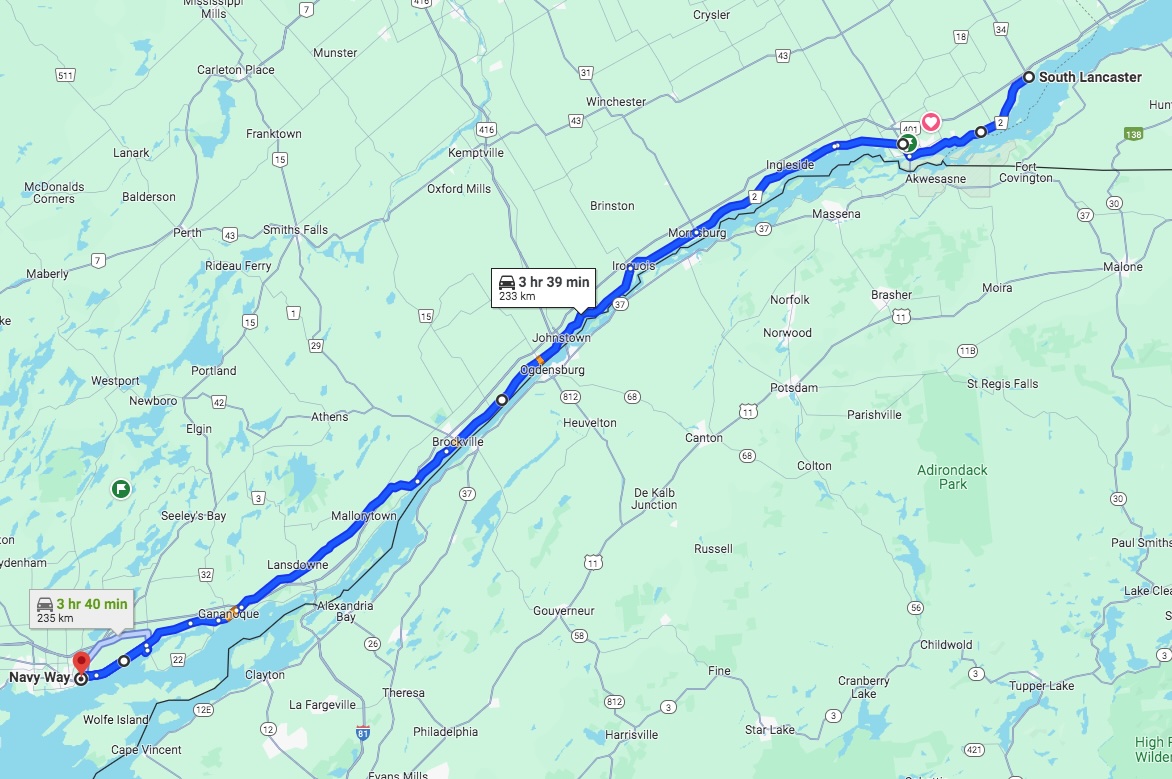 a map of the Highway 2 motorcycle route from Navy Way to South Lancaster.