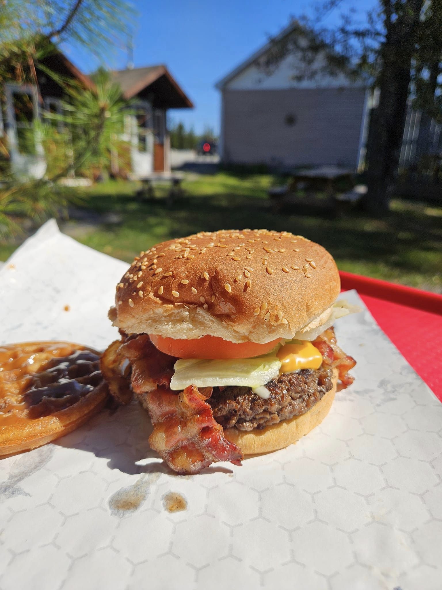 A large cheeseburger with bacon on a picnic table with a cottage in the background. 