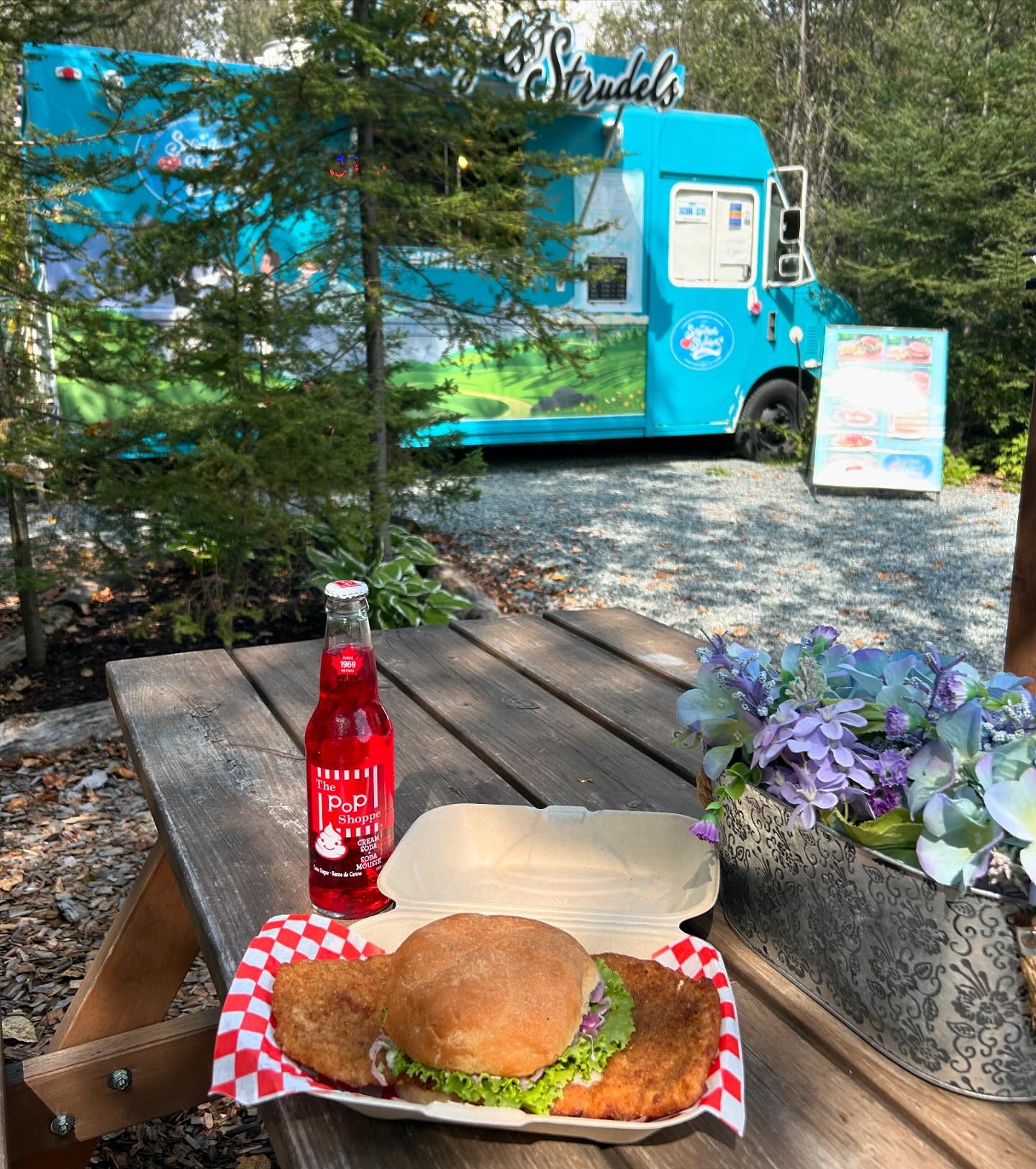 A hamburger and a red bottle of soda pop on a picnic table with a pine tree in the background. 