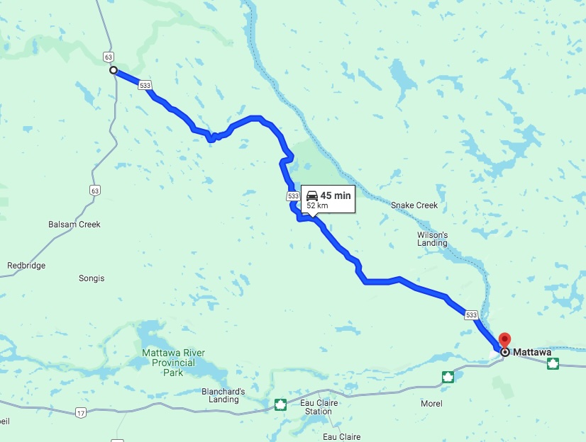 a map of the Highway 533 motorcycle route from Mattawa to Highway 63.