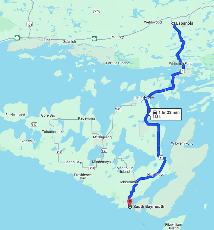 a map of the Highway 6 motorcycle route, from South Baymouth to Espanola.