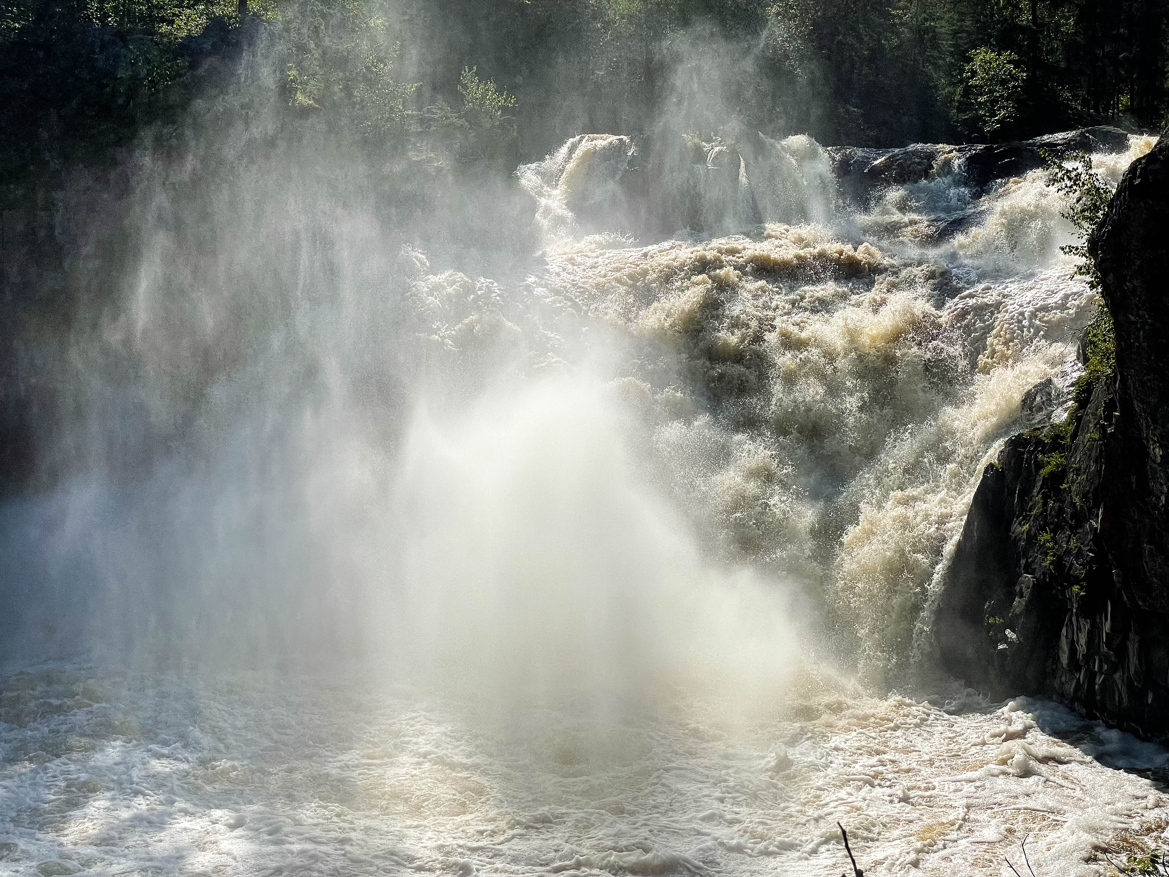 High Falls; a roaring, whitewater falls throwing a large amount of mist into the air.