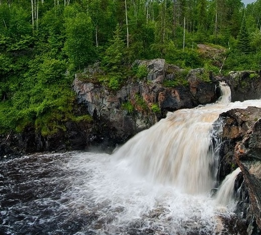 High Falls; a high-volume, thundering waterfall surrounded by high rock banks covered in dense green forest. 