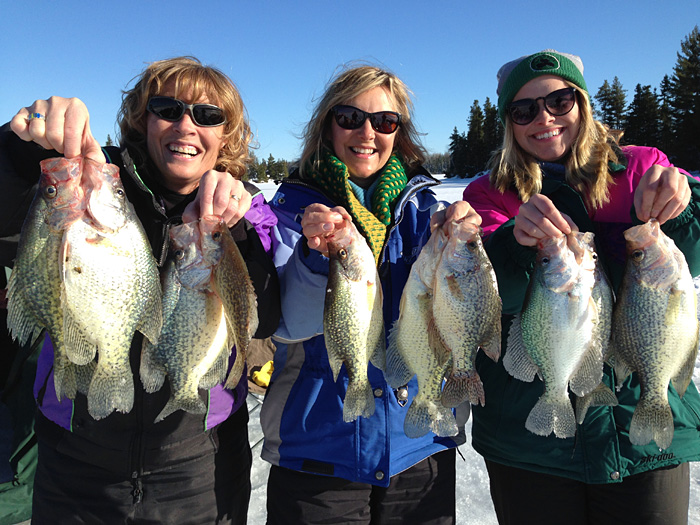 Ice fishing for black crappie at Merkels Camp on Wabigoon Lake, Ontario, Canada