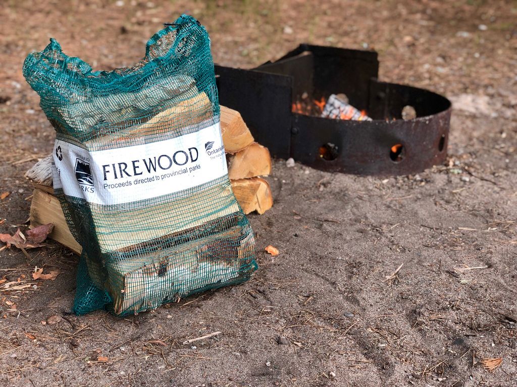 a stack of firewood in a bag, next to a metal fire ring at a campsite.