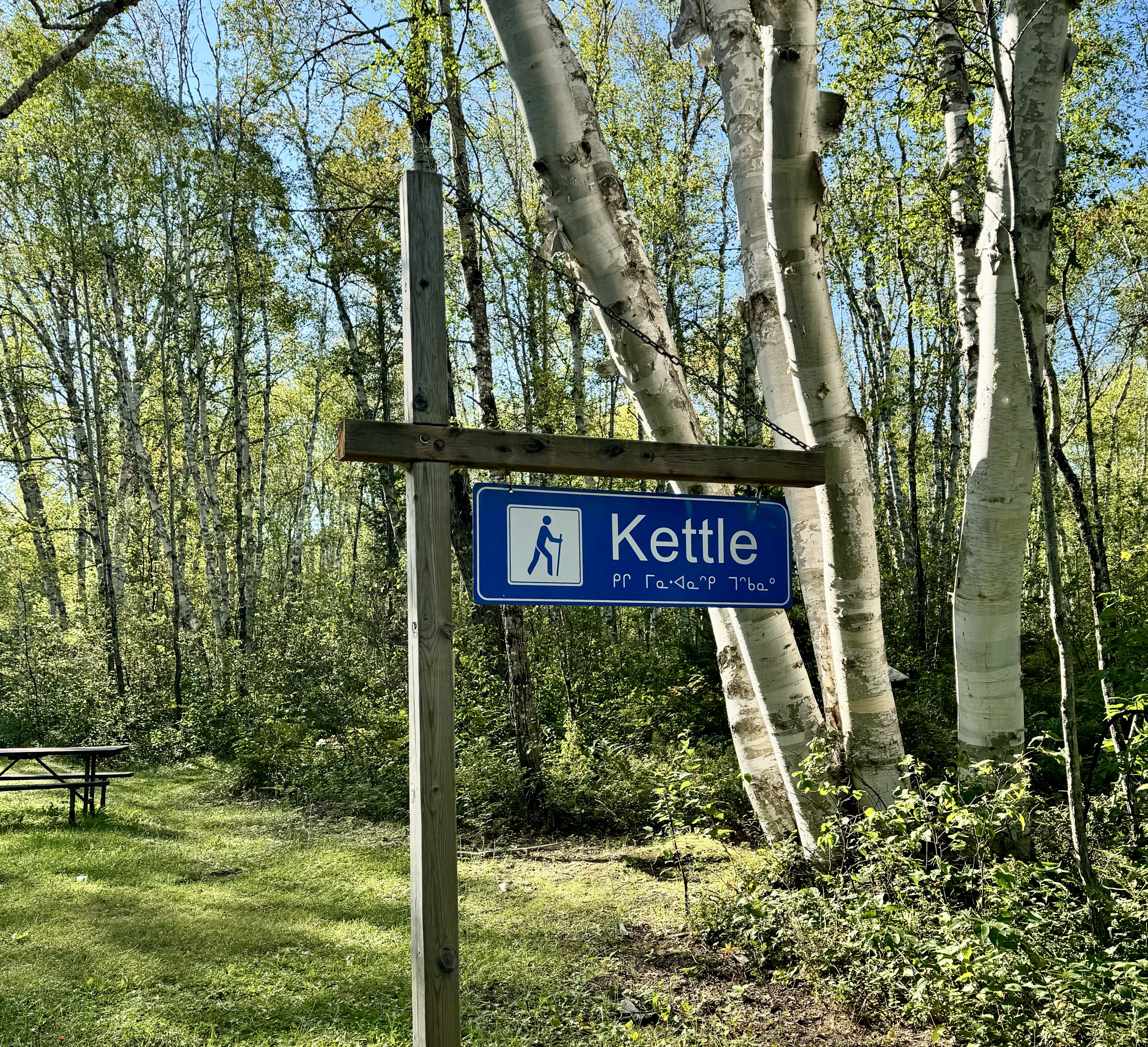 a blue trail marker sign hanging from a wooden post that reads "Kettle" and shows a hiker. The sky is blue and there is thick green forest all around.