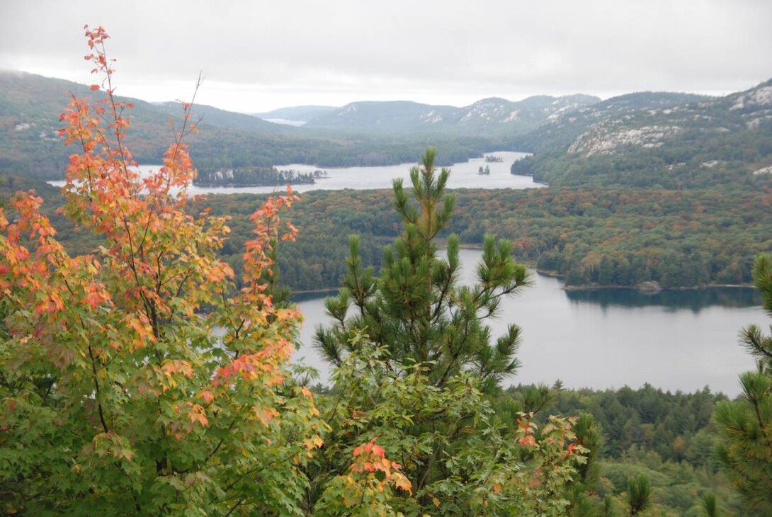 The La Cloche Mountains; forested quartzite mountains at the edge of a lush valley filled with two calm lakes. The trees in the foreground are turning an autumn orange. 