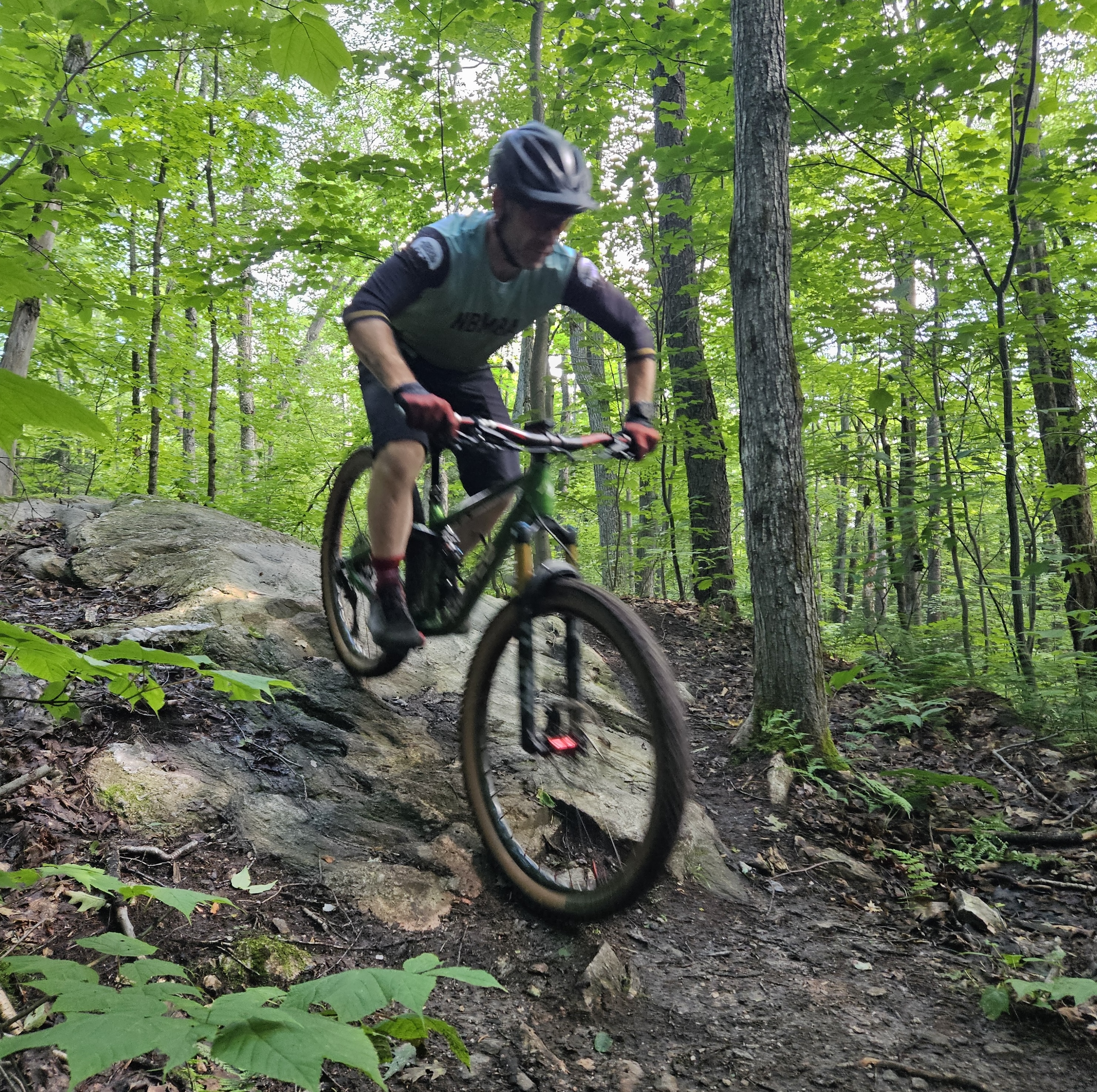 A cyclist bikes down a rocky dirt trail surrounded in lush green forest.