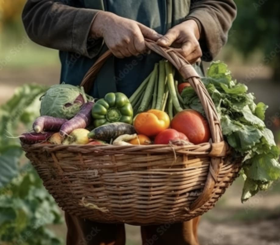 A person holds a wicker basket filled with colourful fresh vegetables in a garden.