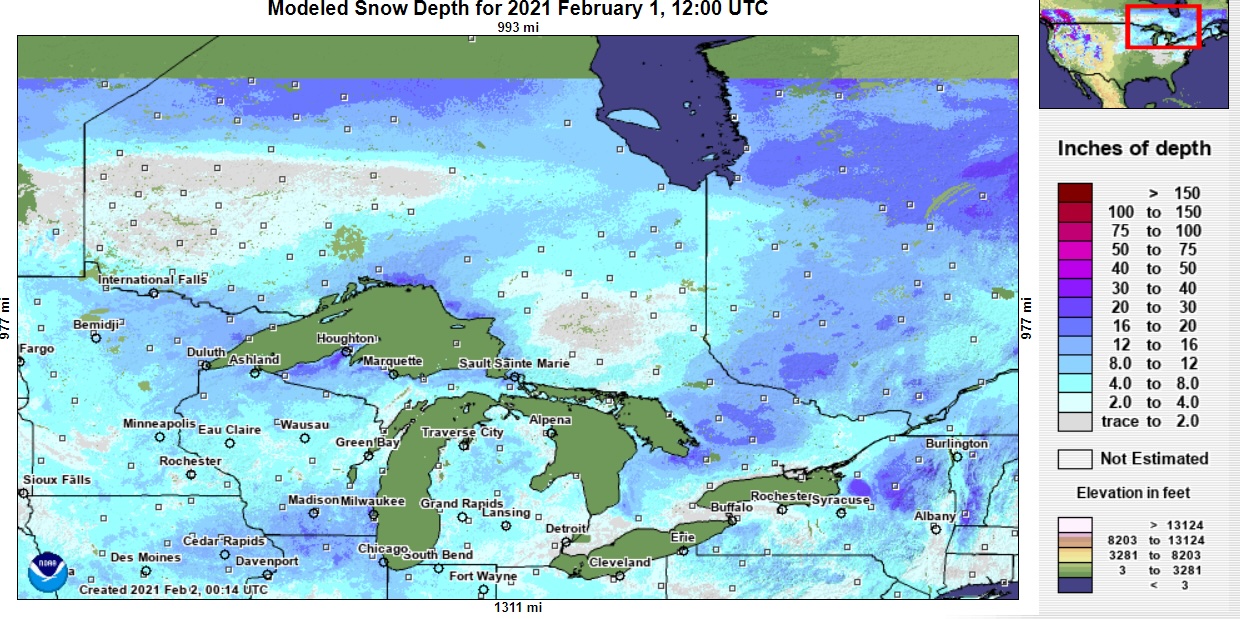 a map depicting Ontario snow depth measurement map from 2021