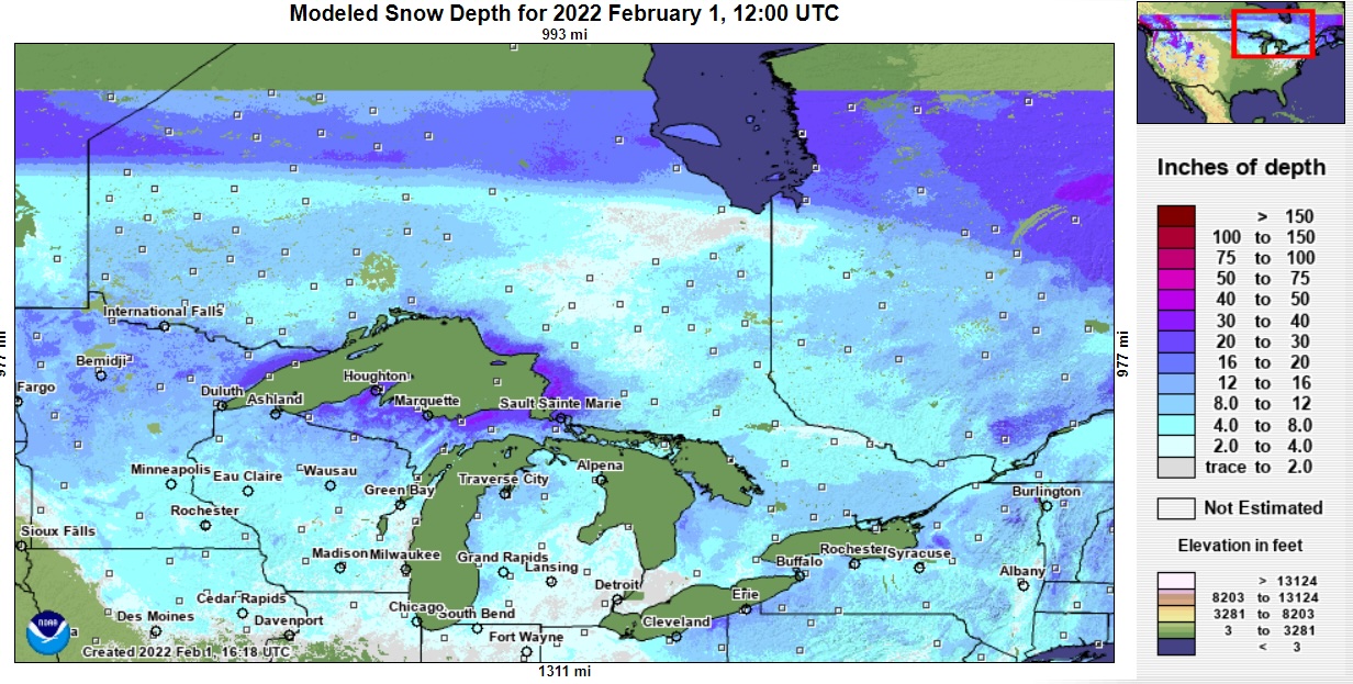 a map depicting Ontario snow depth measurement map from 2022