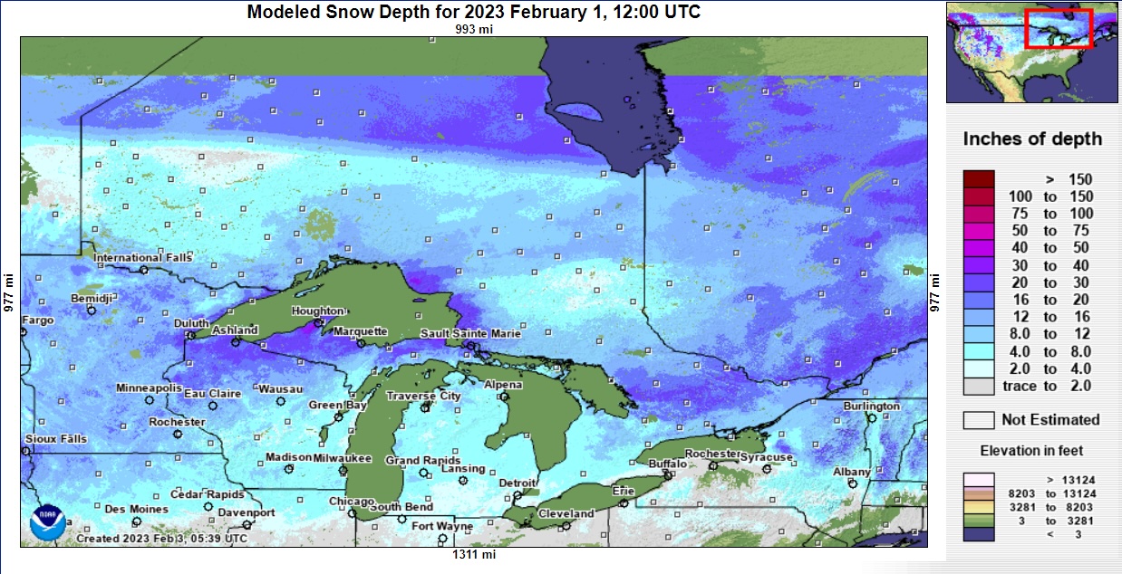 a map depicting Ontario snow depth measurement map from 2023