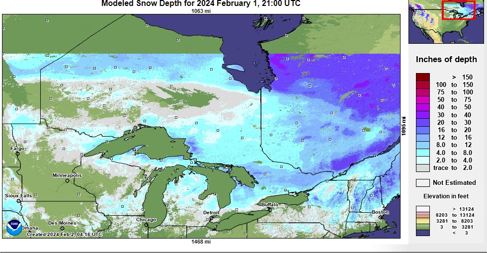 a map depicting Ontario snow depth measurement map from 2024