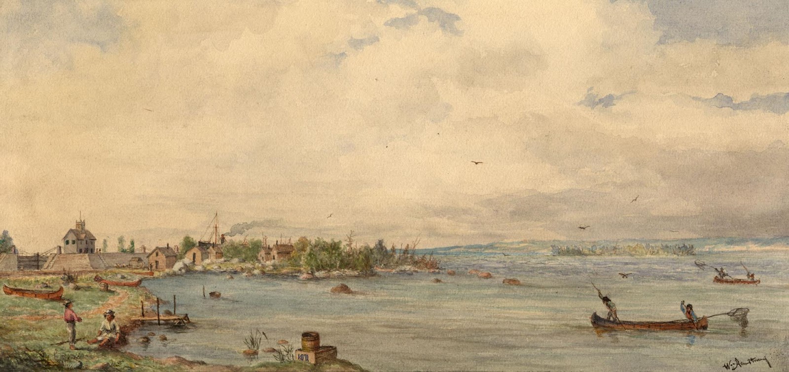 a historical painting of Sault Ste. Marie from around 1908; there are a few wooden buildings on the shore and the water is dotted with people in canoes, fishing.