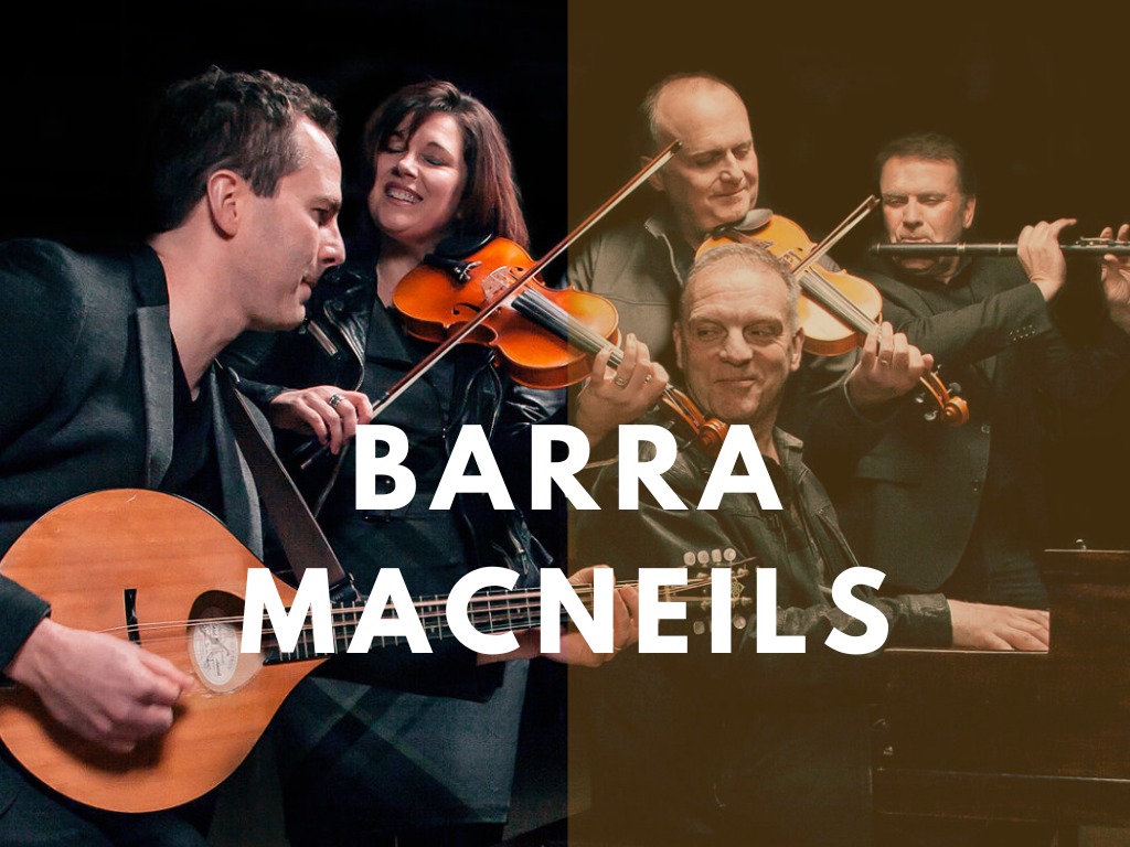 Band promo shot of the Barra Macneils playing fiddle and guitar.