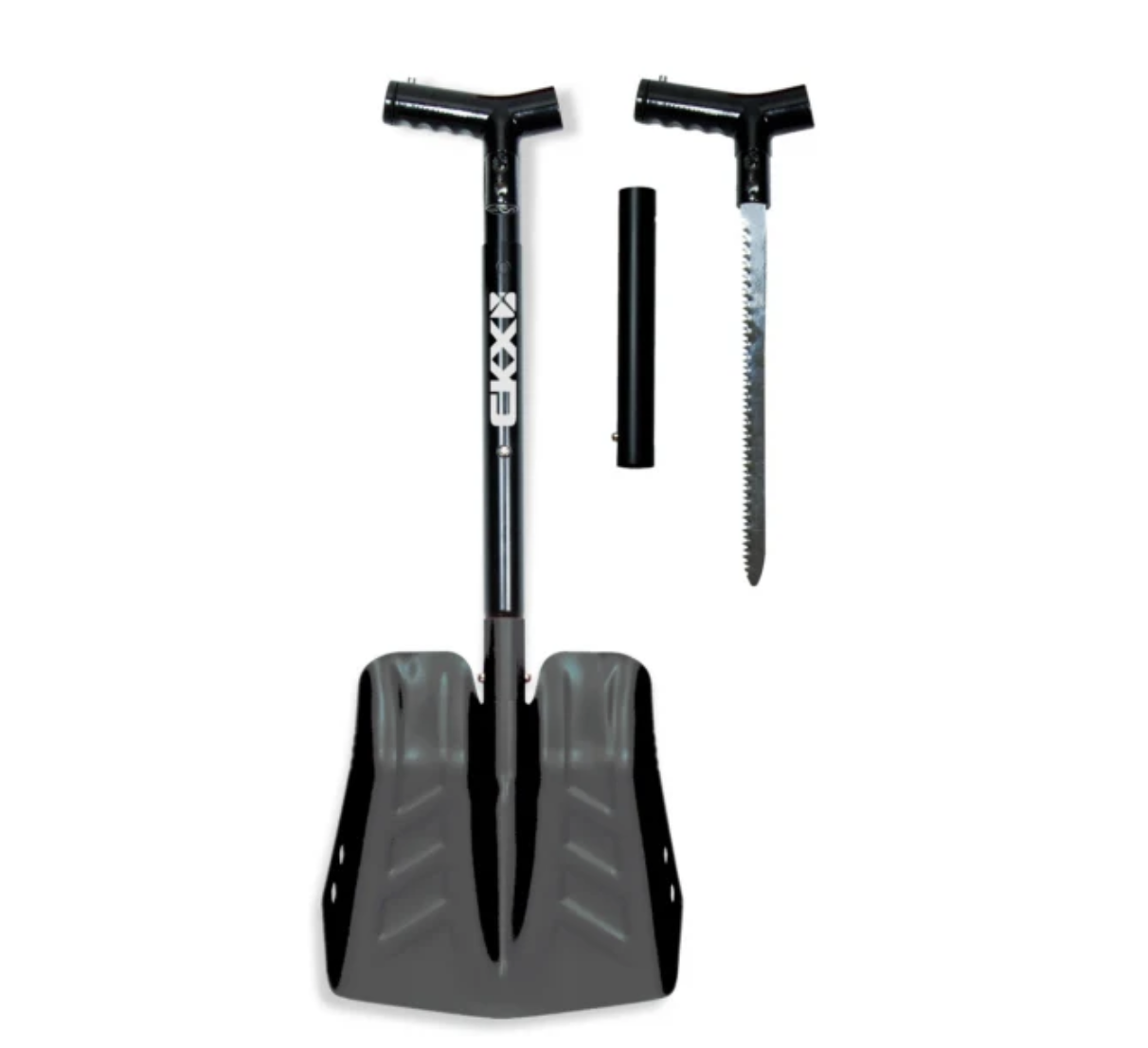 A telescoping snowmobiling shovel and saw combo