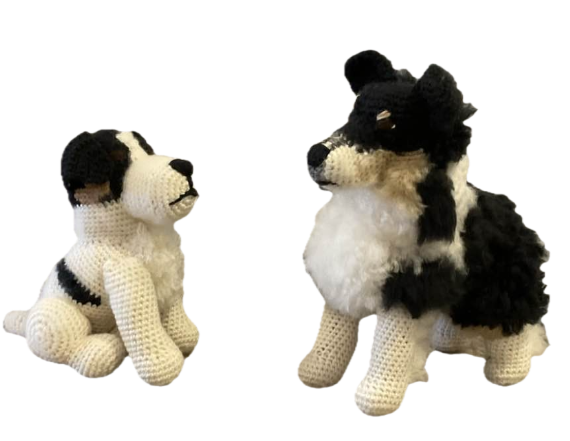 a hand-crocheted collie dog and puppy