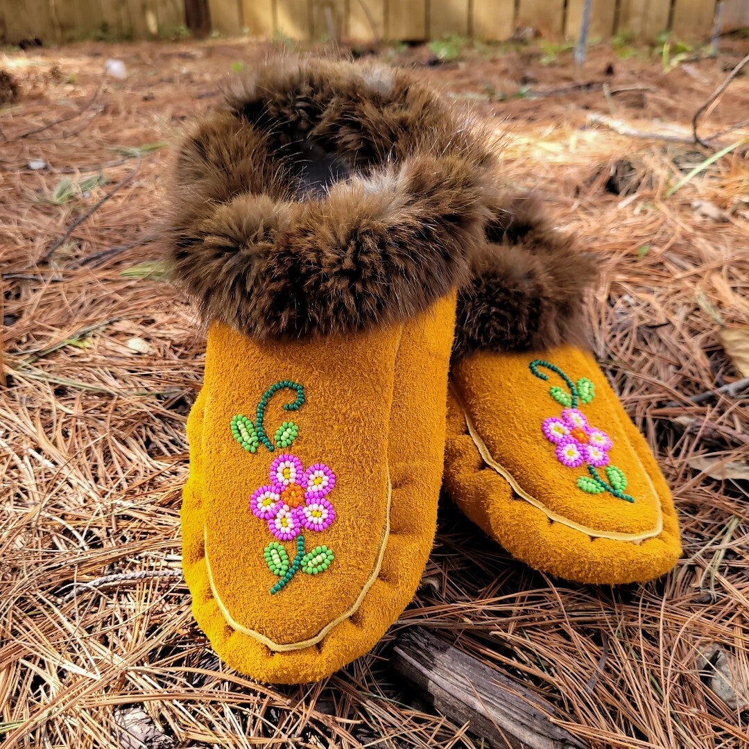 handmade leather moccasins with fur trim and pink rose bead embellishment