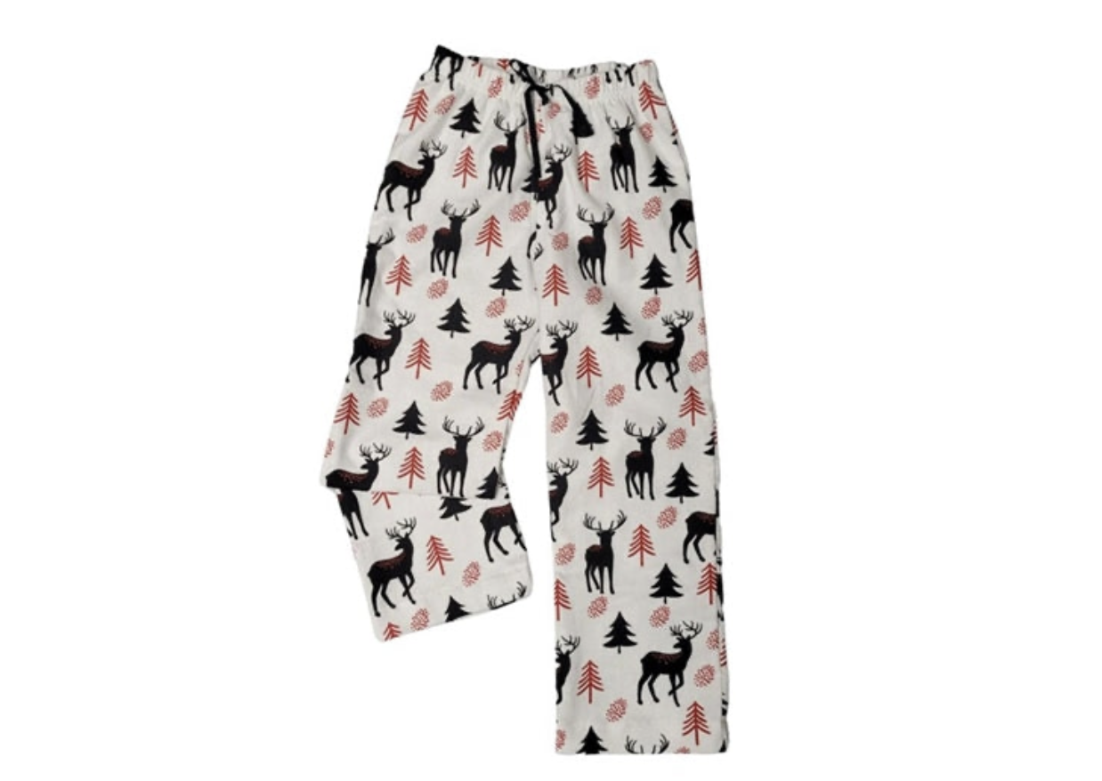 flanelette sleep pants with a deer and spruce tree print