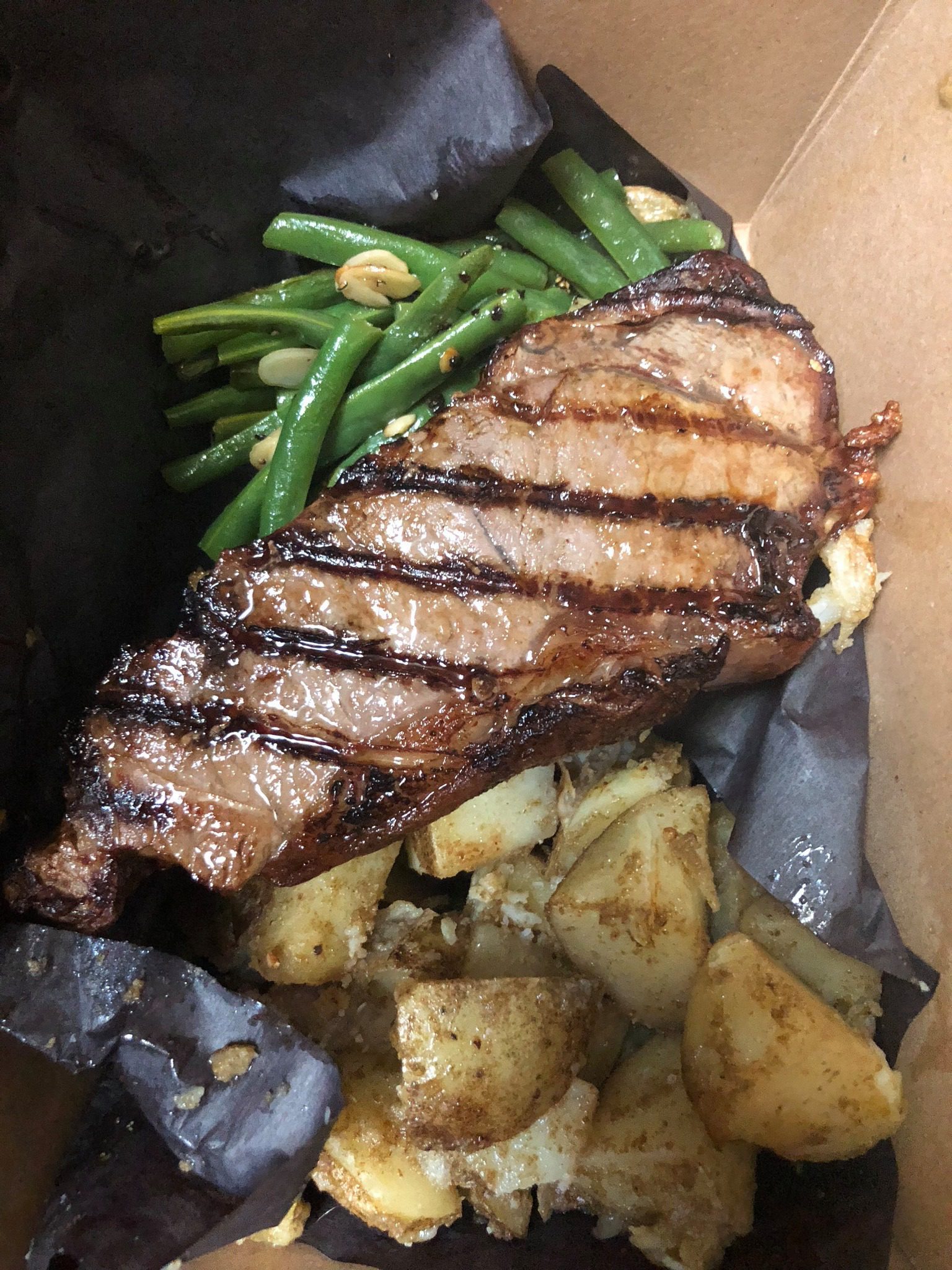 Hearty steak meal on a plate.