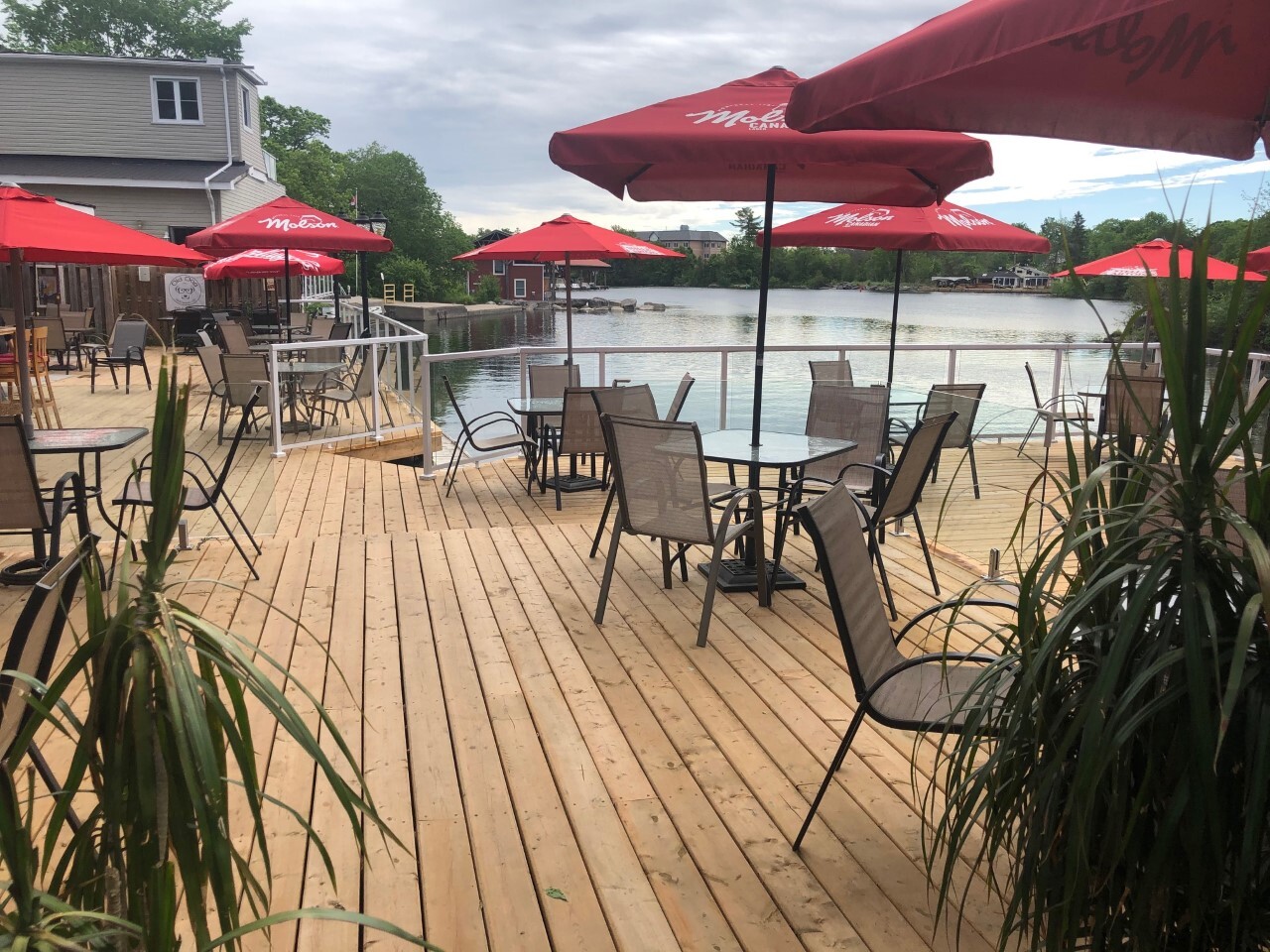 The Bobcaygeon Inn; A large wooden outdoor patio overlooking the water, with glass tables, chairs and umbrellas and decorated with palm plants. 