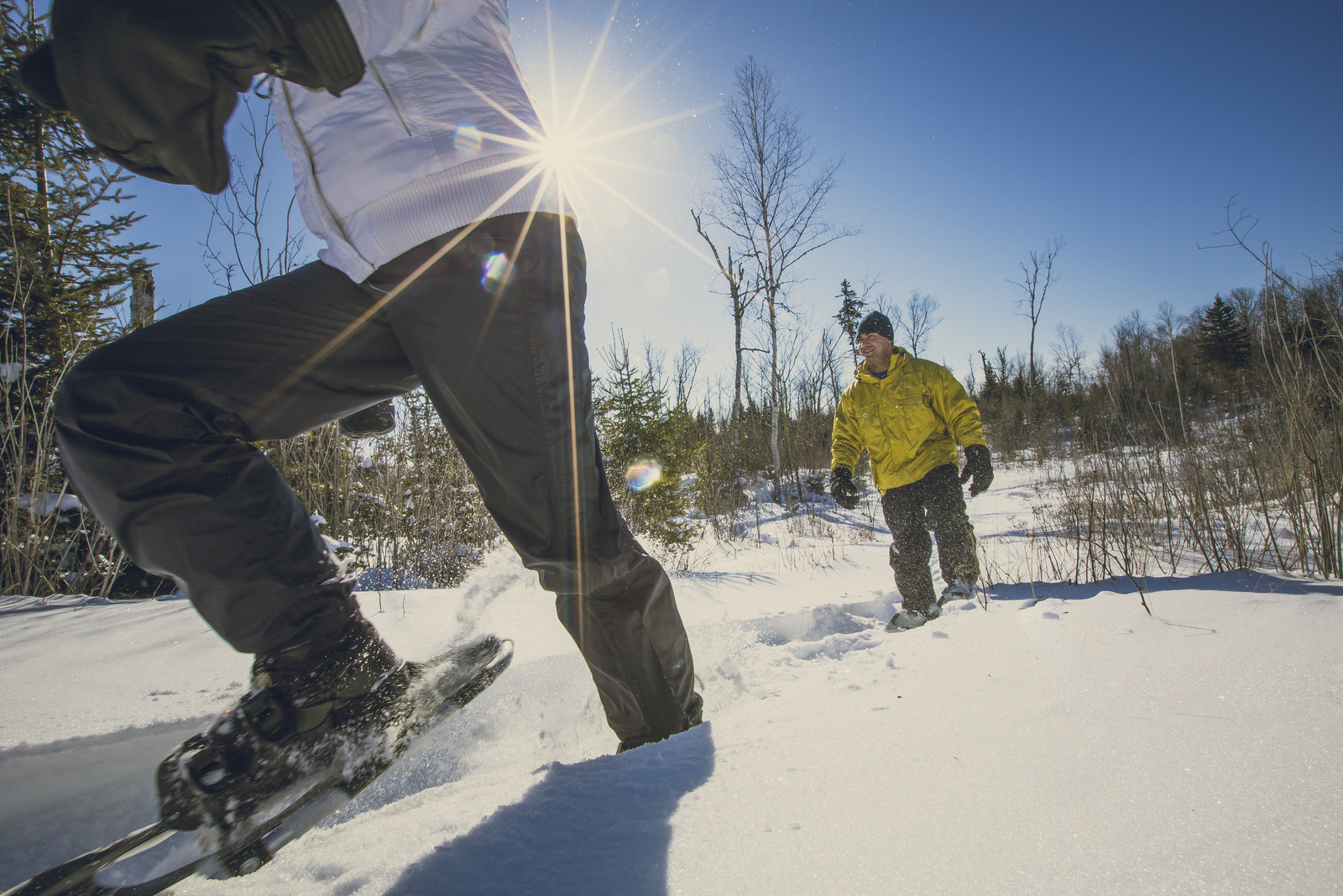 two people wearing snowshoes run through a snowy forested trail on a sunny winter day.