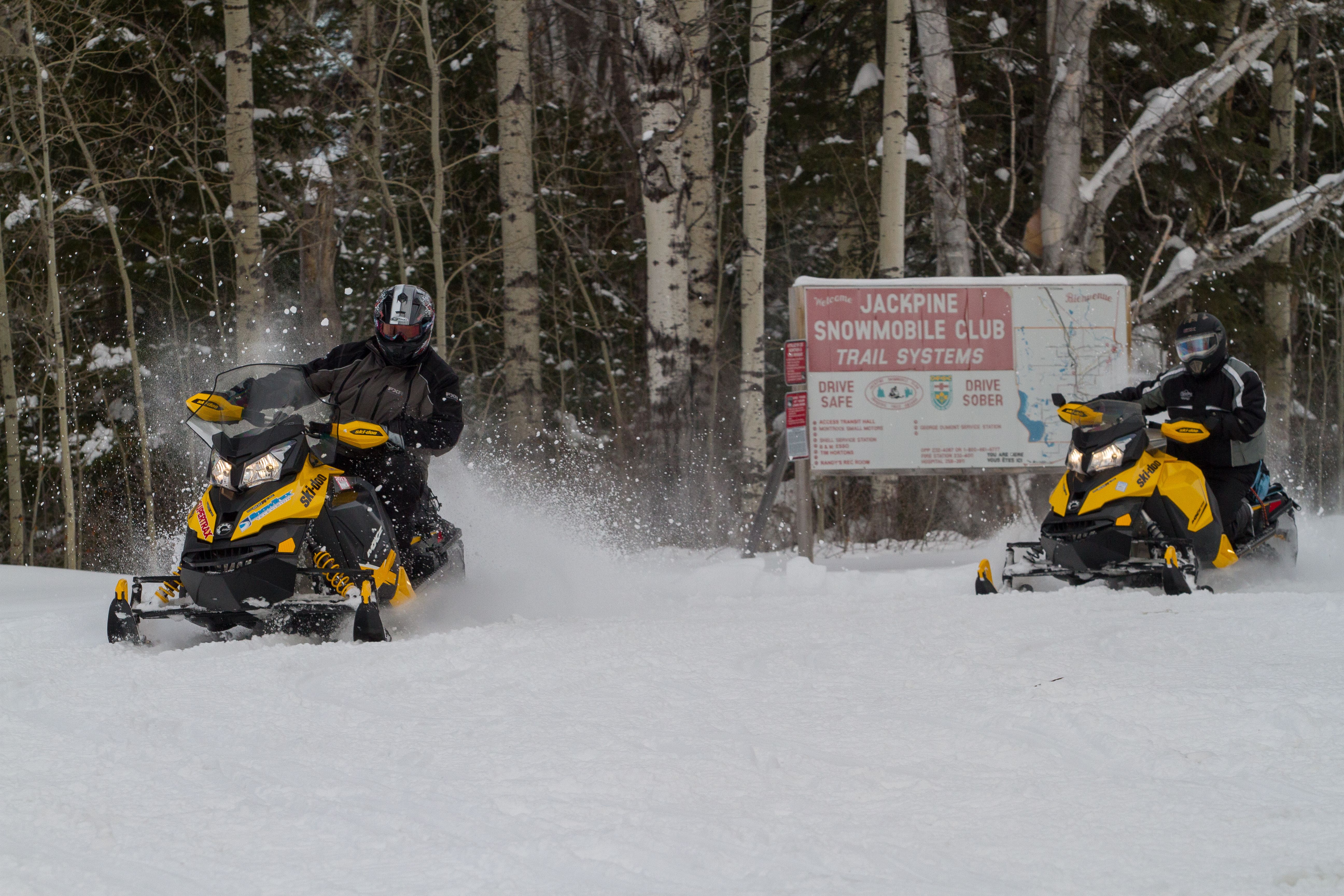 two snowmobilers stir up clouds of powdery snow next to a forest and a sign that reads "Jackpine Snowmobile Club Trail System"