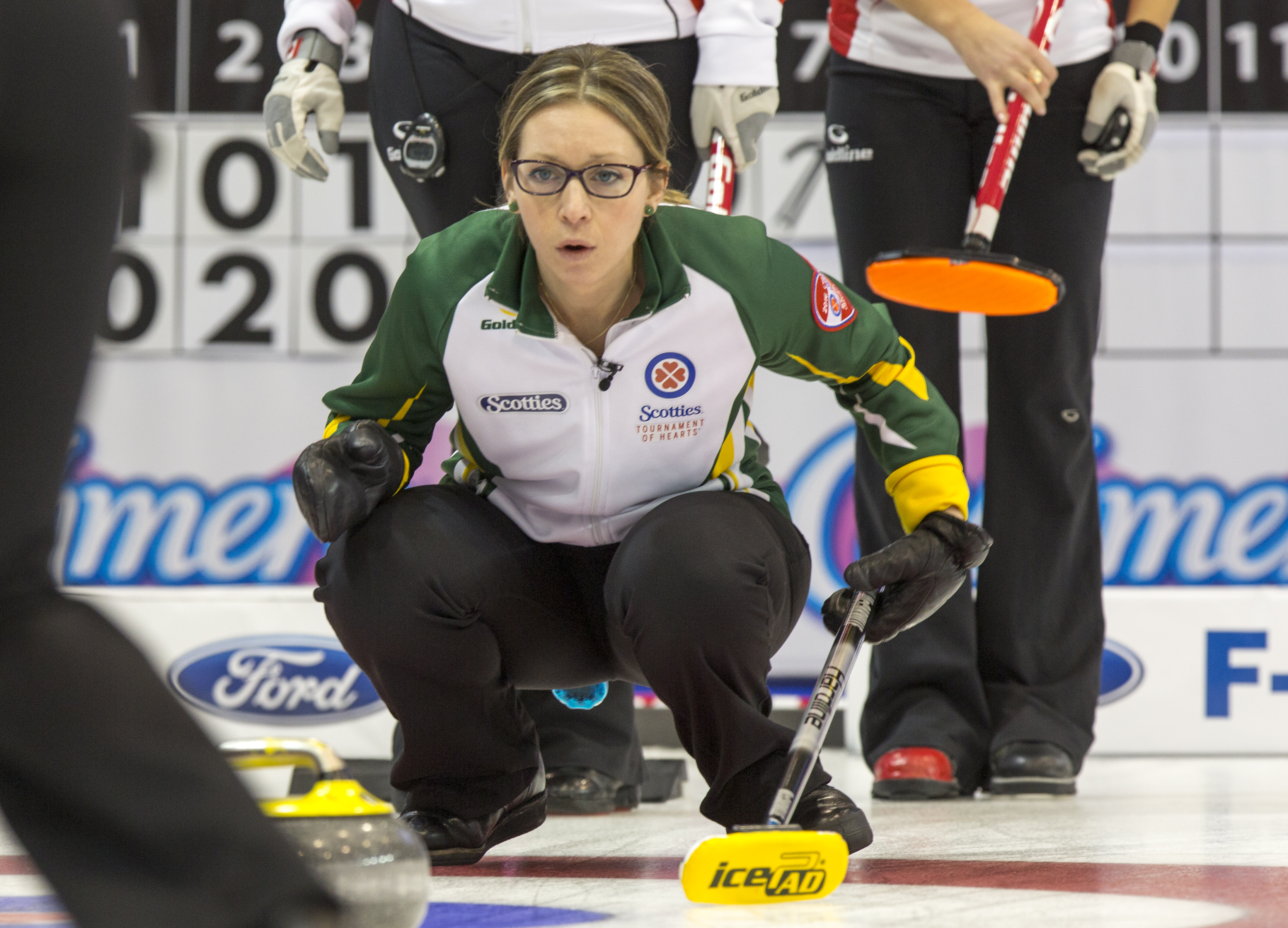 Krista McCarville watches her rock go down the rink at the Scotties Tournament of Hearts.