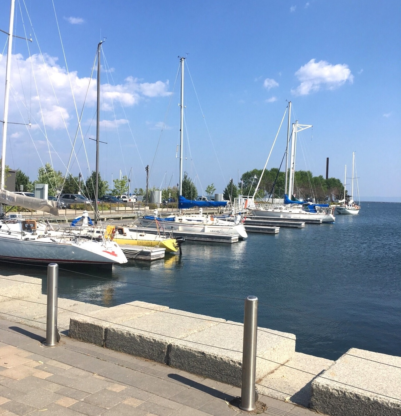 A line of sailboats docked along the Thunder Bay Marina on a summer day.