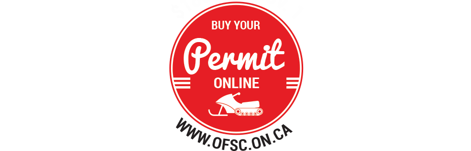 a round red button with a snowmibile on it that says "buy your permit online".