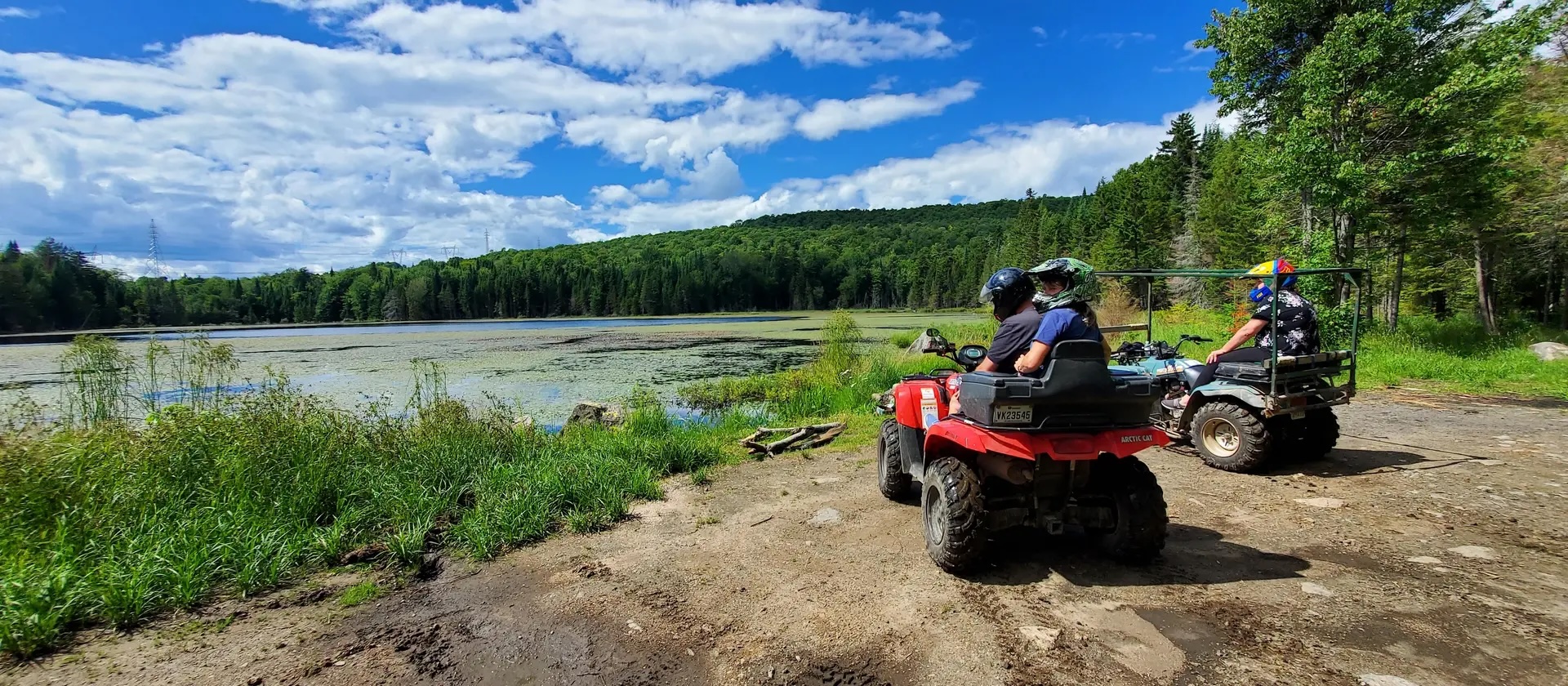 People on ATVs look out over a pond filled with greeb vegation on a summer day.