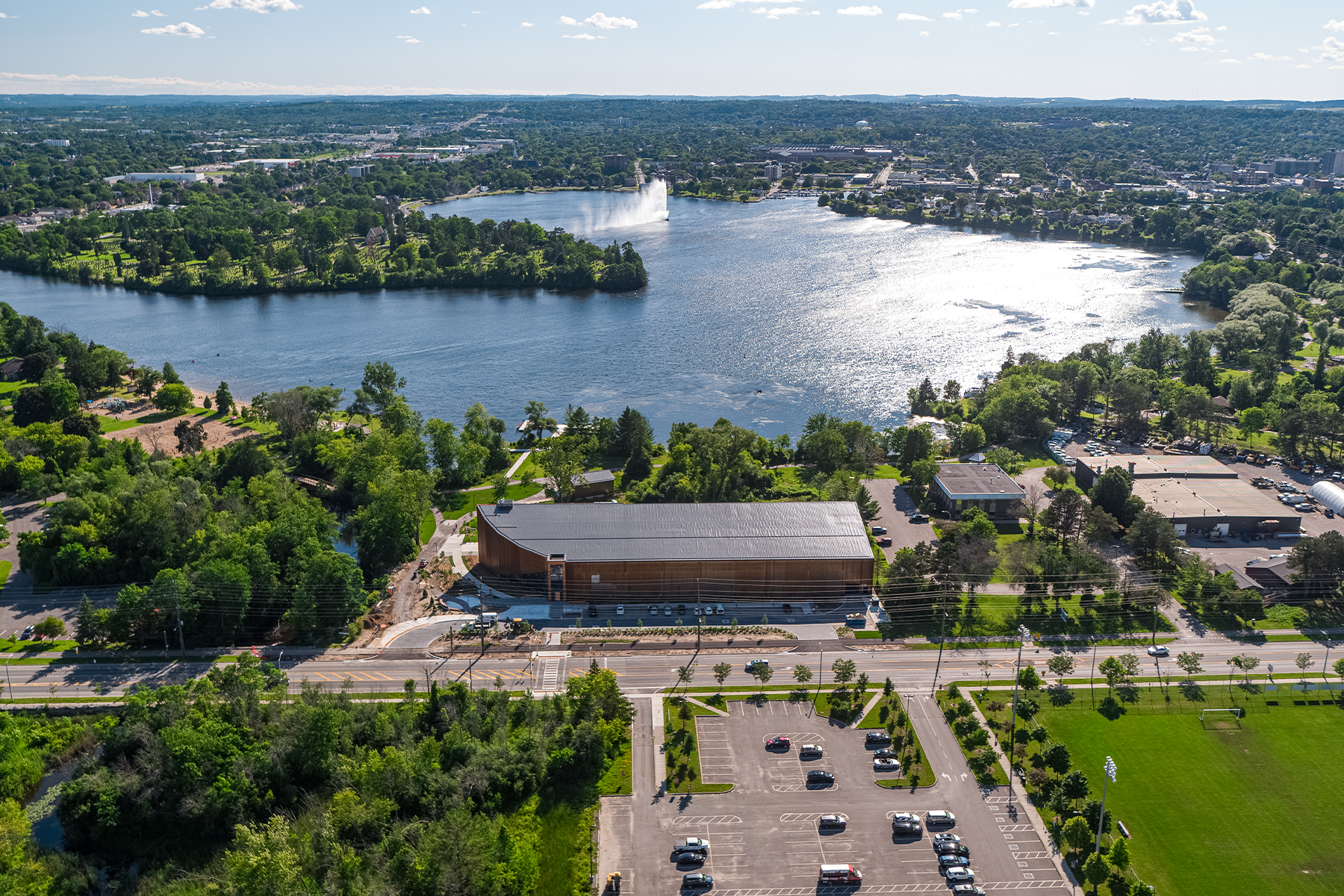 An aerial photo of The Canadian Canoe Museum and its campus on Ashburnham Drive, backing onto Little Lake. Credit: Justen Soule.