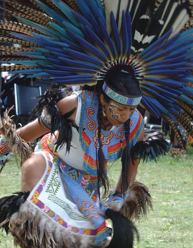 a dancer with a beautiful blue feathered headdress dances at a pow wow.