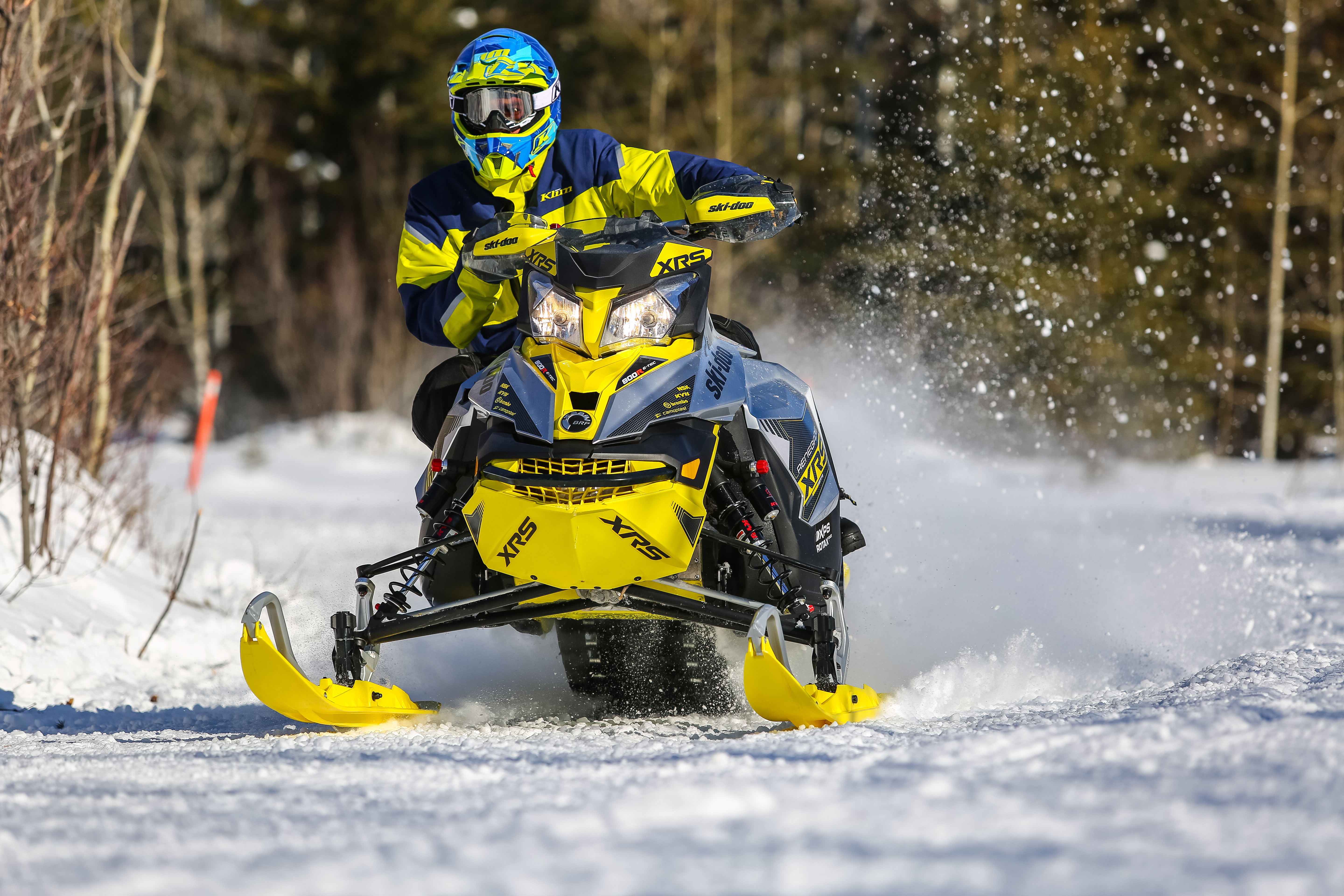 A snowmobiler rides along a snowy forest trail on a sunny day. 