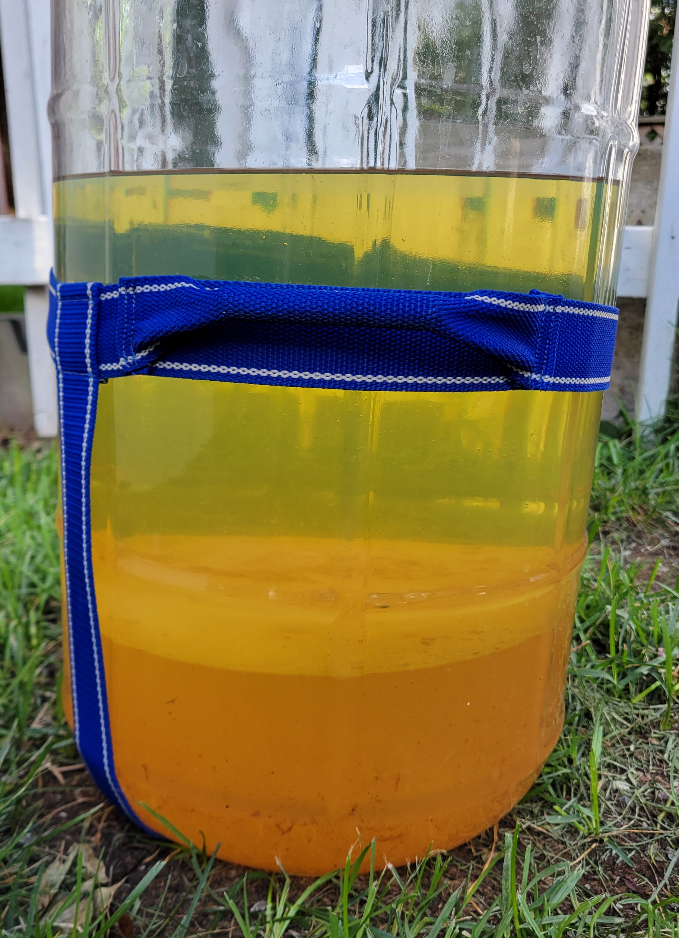 A glass bucket filled with yellow liquid.