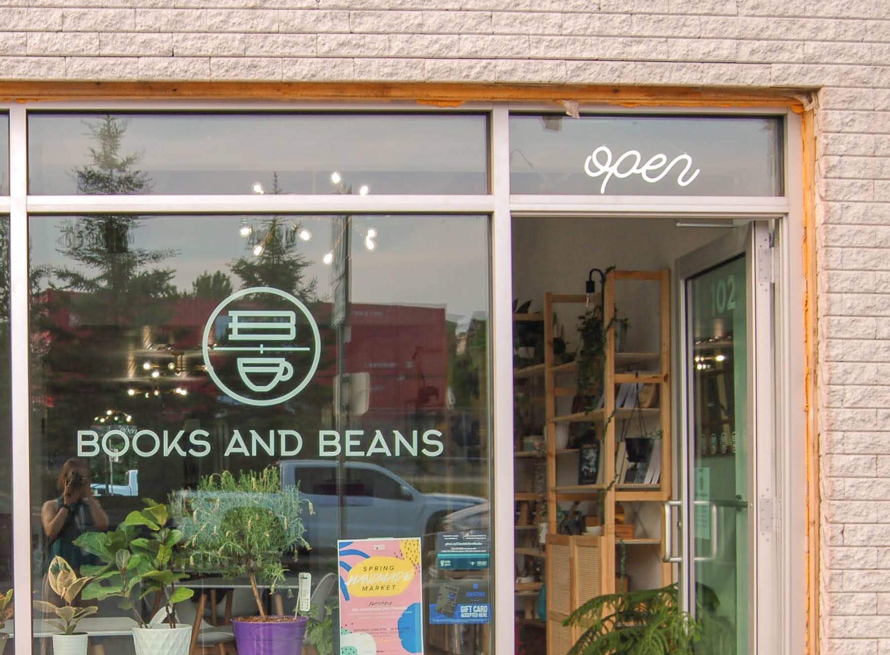 A cafe with "Books and Beans" on the front window.