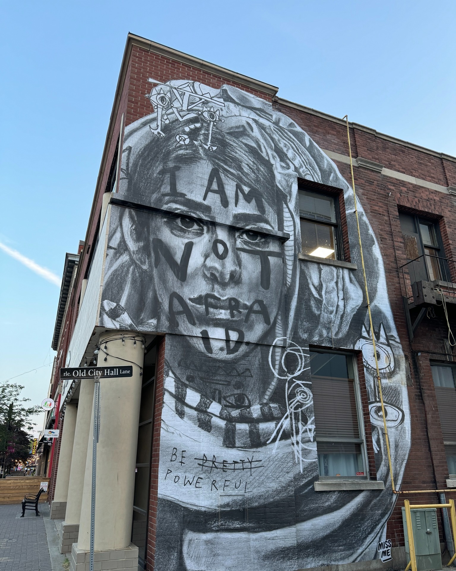 a large mural of a woman's face painted on the side of a building in Sudbury.