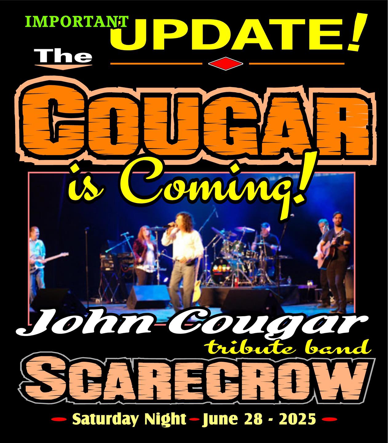 a concert poster for the John Cougar tribute band "Scarecrow" playing at the Bikers Reunion June 28 2025.