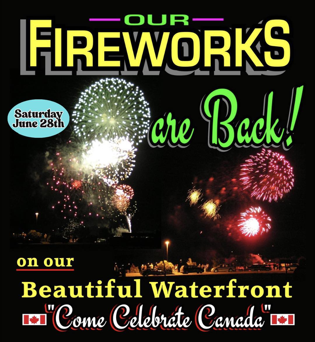 a poster advertising a fireworks show at the waterfront in New Liskeard at the Bikers Reunion June 28 2025.