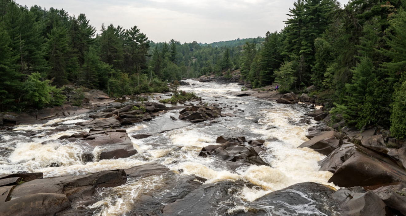 The riverbed around High Falls in Sudbury, surrounded in forest.