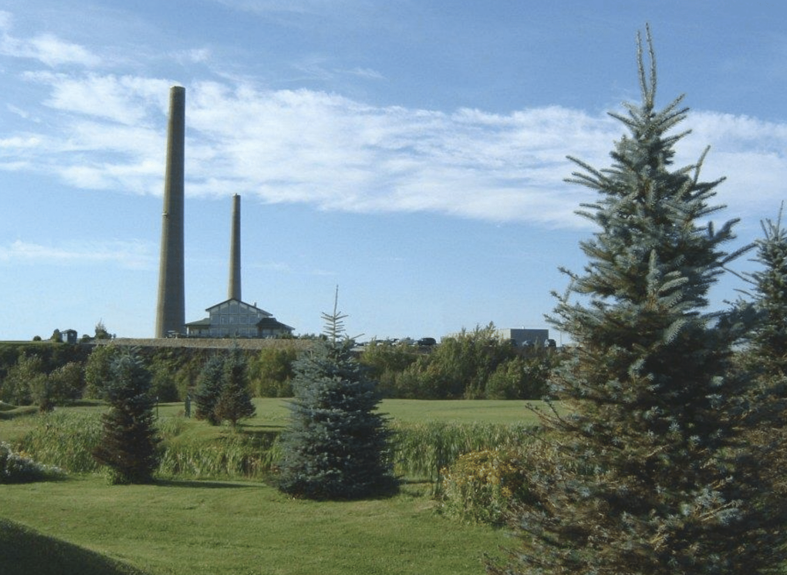 a smooth tidy golf green dotted with spruce with two industrial stacks on the horizon.