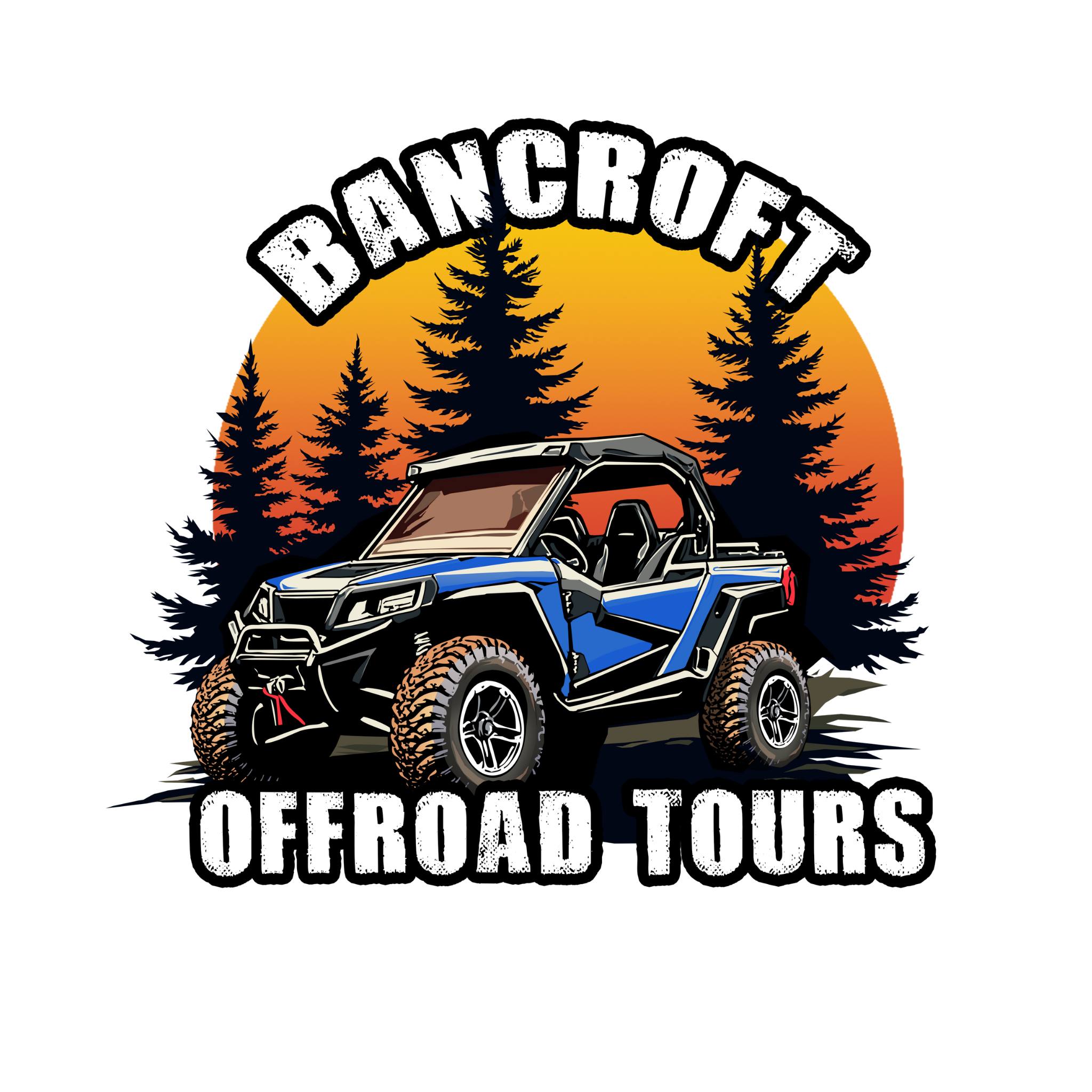 A logo showing black conifer trees and a blue UTV in front of an orange setting sun, with the words "Bancroft Offroad Tours".